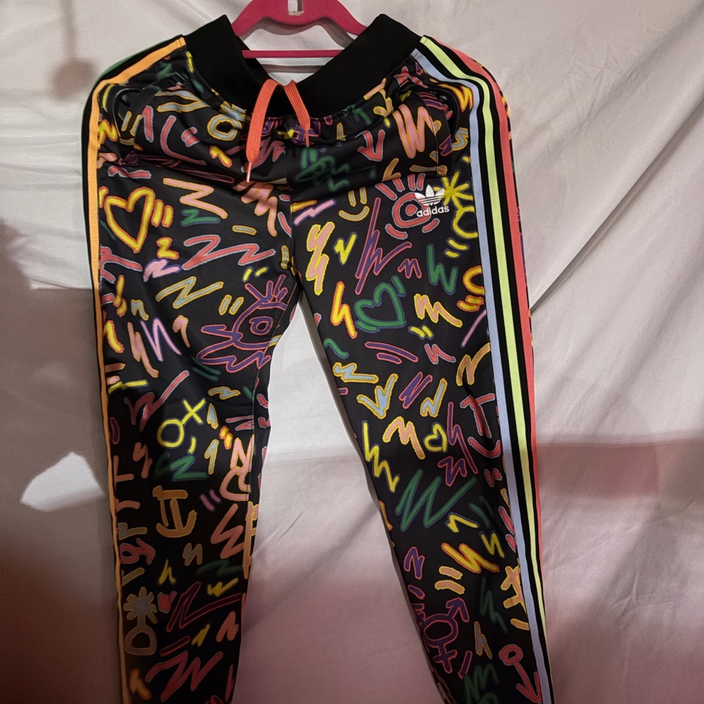 adidas Black Joggers with Neon Scribble Print and Multicolor Side Stripes